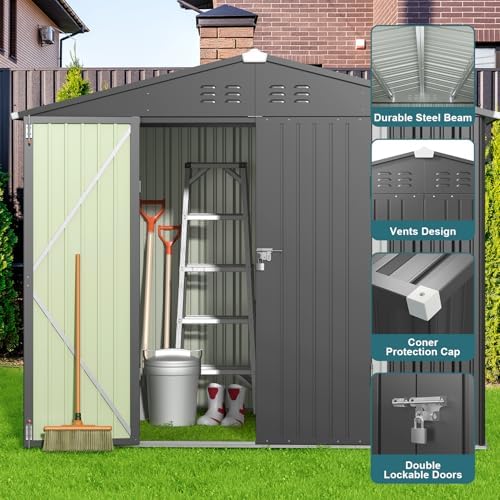 Gizoon 8x6 FT Outdoor Storage Shed, Corrosion Metal Garden Shed, Dark Grey