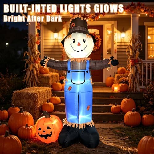 8 FT Fall Inflatables Scarecrow Decorations, Scarecrow with Pumpkin Inflatable Yard Decor Built-in LEDs,Scarecrow Blow Up Yard Decorations for Halloween Thanksgiving Fall Autumn Harvest Lawn Garden