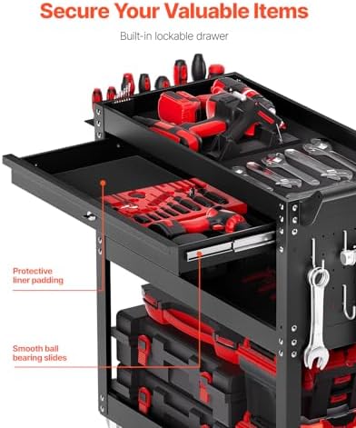 VEVOR 4-Tier Tool Cart with Wheels, 350 lbs Load Capacity, Rolling Work Cart with Drawer & Pegboard, Mechanic Tool Storage Organizer with Locking System for Garage, Warehouse and Repair Shop, Black