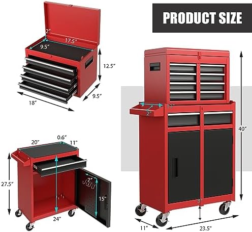 Rolling Tool Chest, 5-Drawer Tool Storage Cabinet with Wheels, Adjustable Shelf & Anti-Slip Liner, Tool Box Organizer for Garage, Warehouse & Workshop (Red+Black)