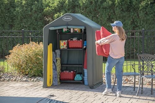 Scotts 4x4x6 FT Pop-Up Outdoor Storage Shed, Portable Water-Resistant Deck & Garden Tent Shelter for Tools, Equipment & Lawn Gear