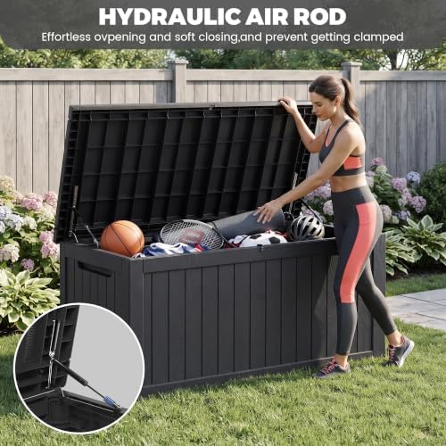320 Gallon Outdoor Deck Box, Lockable Waterproof Outdoor Storage Boxes For Garden Tools,Indoor Cushions,Accessories Outside Storage Resin Weatherproof Container, Black