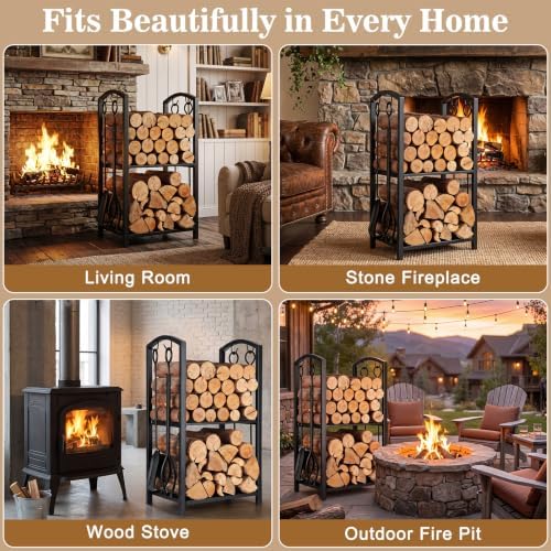 FEED GARDEN Firewood Rack Log Holder with 4-Piece Fireplace Tool Set, 29" H