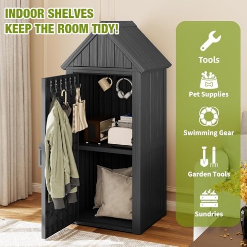 Outdoor Storage Shed, Waterproof Storage Cabinet with Ample Space, Sturdy Resin with Lockable Door and Sloping Roof, Multiple Hooks for Backyard, Garden, Patio & Lawn, Black