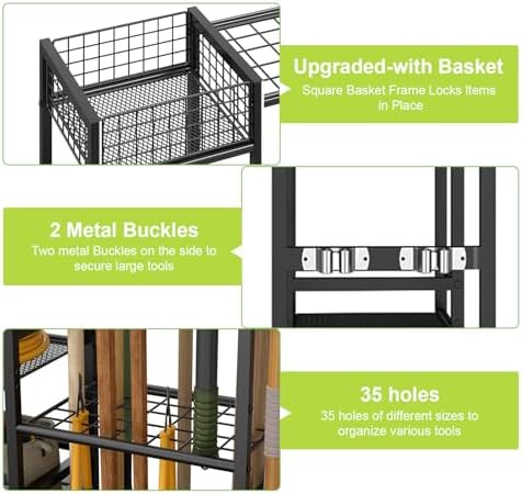 Garden Tool Organizer with Basket, 3-Tier Yard Storage Rack for Garage
