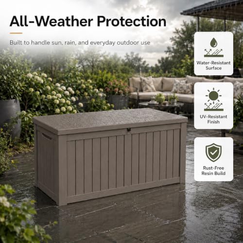 Outdoor Storage Box Resin Deck Box Waterproof Gray Brown 270 Gallon