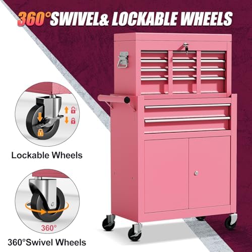 10-Drawer Rolling Tool Chest with wheels, Lockable 2-in-1 Tool Box