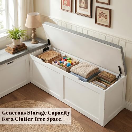 63” Breakfast Nook Bench, L Shaped Storage Bench with Cushion, White