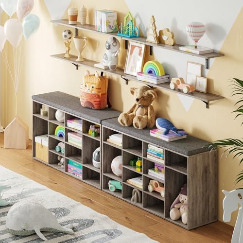 DINZI LVJ Shoe Storage Bench with Cushion, 16-Cubby Shoe Rack with Seat