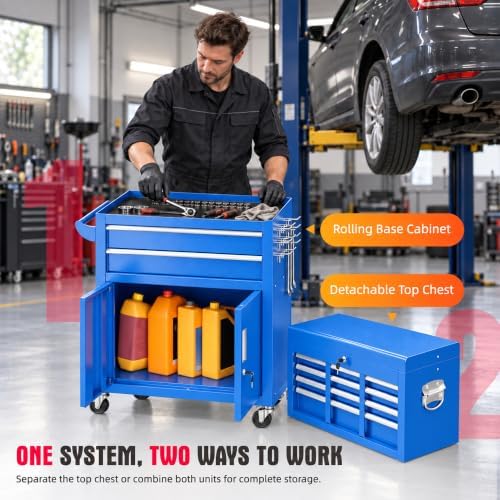Bonusall 8 Drawer Rolling Tool Chest and Cabinet Combo,Heavy-Duty Metal Garage Tool Chest with Wheels and 2 Doors,2-in-1 Top Box and Roller Cabinet Combo for Garage, Workshop, Warehouse-Blue