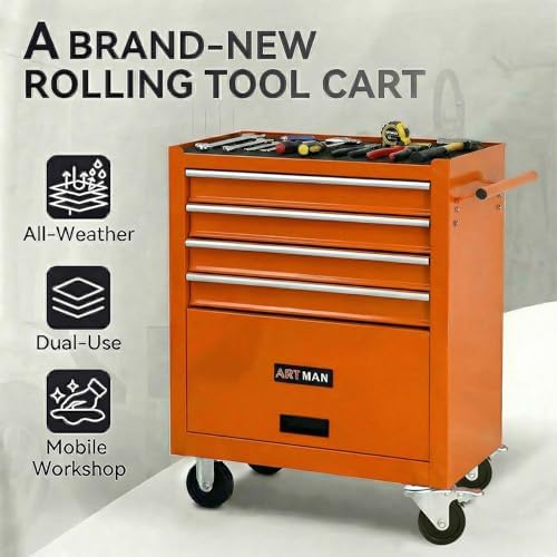 4 Drawers Tool Chest on Wheels, Multifunctional Rolling Tool Cart Tool Storage with 1 Cabinet, Drawers Rolling Tool Box Organizer for Garage, Warehouse, Workshop, Repair Shop (4 Drawers-Orange)