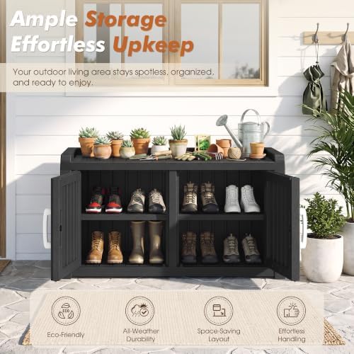 2-Tier Storage Bench, Waterproof UV-Resistant Outdoor Shoe Storage Cabinet with 2 Doors & Adjustable Shelves for Indoor Outdoor Entryway, Hallway, Living Room (Black)