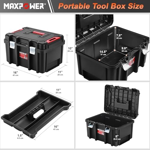 MAXPOWER 16-inch Stackable Tool Box, 10" H, Metal Latches, Removable Tray