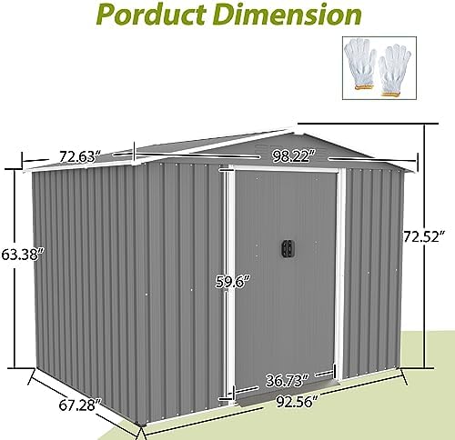 YOPTO 8X6 FT Outdoor Storage Shed with Roof,Waterproof House Tool Cabinet W/Metal Foundation & Lockable Doors,for Shovels,Umbrellas,Antennas,Escalators,Gray