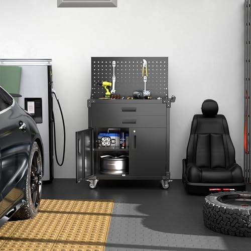 Tool Cart with Wheels and 2 Drawers, Metal Garage Storage Cabinet with Lockable Doors, Pegboard and 4 Hooks for Garage, Workshop, Tool Chest, Heavy Duty Work Bench, Black, Assembly Required