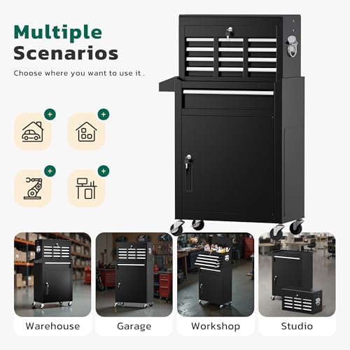 Greenvelly Rolling Tool Chest, 5-Drawer Metal Tool Chest with Wheels, 2 in 1 Detachable Tool Cabinets, Metal Tool Cart with Liner & Hooks for Garage, Workshop, Warehouse (Black)