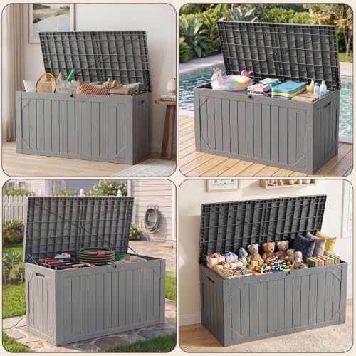 100 Gallon Outdoor Storage Box, Waterproof Large Resin Deck Box Lockable, Outside Storage Bin for Backyard Porch Patio Furniture Garden Tools, Grey