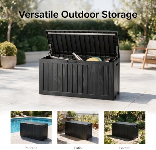 92 Gal Deck Box,Waterproof Resin Outdoor Storage Gas Lift,Lockable Black