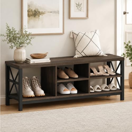 FATORRI Industrial Shoe Bench with Storage, Rustic Entryway Bench