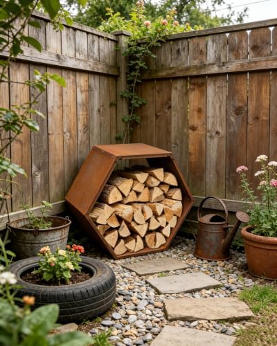 Firewood Rack Outdoor, Corten Steel Hexagon Firewood Holder, Rustic