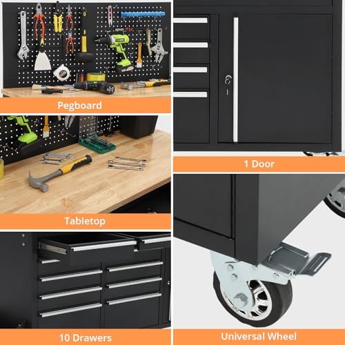 IDEALHOUSE 61-inch Rolling Tool Chest, 10 Drawers Garage Workbench Storage Tool Cabinet with Power Strip, Solid Rubber Wood Top, 1675 LBS Load Mobile Workstation, Heavy Duty Rolling Cabinet, Black