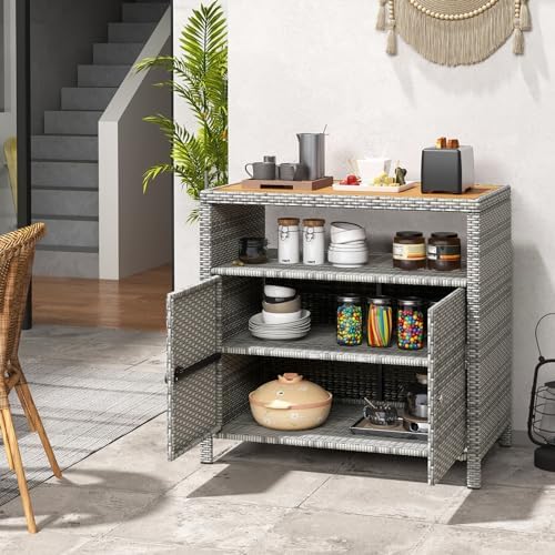 Tangkula Rattan Outdoor Storage Cabinet, Patiojoy Outdoor Cabinet with Acacia Wood Countertop, Open Compartment, 2-Door Wicker Sideboard, Outdoor Bar for Patio Garden Backyard Poolside (Mix Grey)