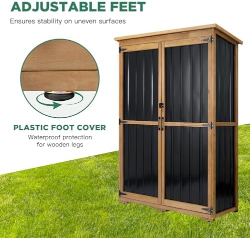 Outdoor Storage Cabinet Waterproof with Shelves, Outdoor Storage Shed Garage Cabinet Weatherproof, Wood & Metal Outside Patio Backyard Garden Pool Storage Tool Organizer