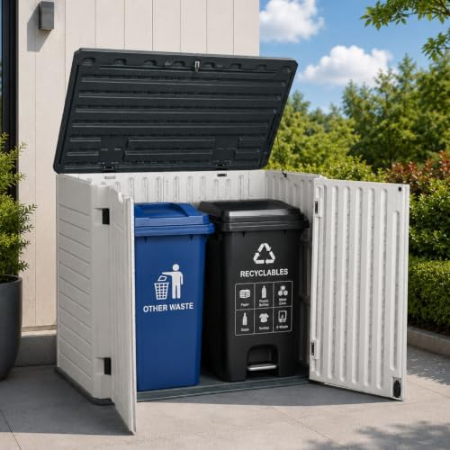 EHHLY Horizontal Resin Storage Shed, 35 Cuft Garden Tool Sheds & Outdoor Storage, Outdoor Plastic Storage Cabinet Waterproof, 4FT Tall Backyard Outside Lawn Mower Storage Shed, White