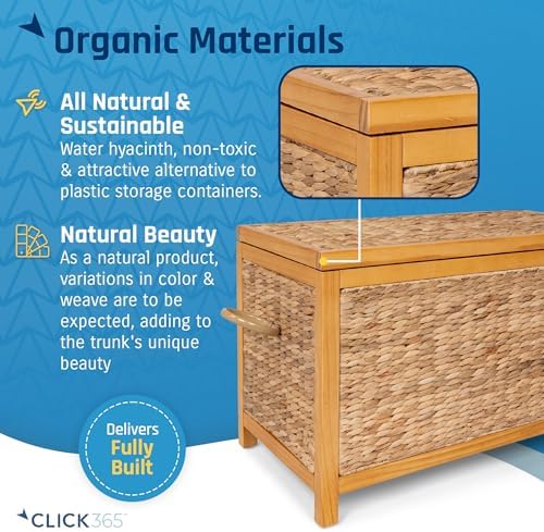 Click365 Wilson Wicker Storage Trunk with Lid, 30 Inch Handwoven Water Hyacinth Storage Chest with Acacia Wood Frame, Farmhouse Blanket Basket for Living Room, Bedroom or Entryway, Natural Brown