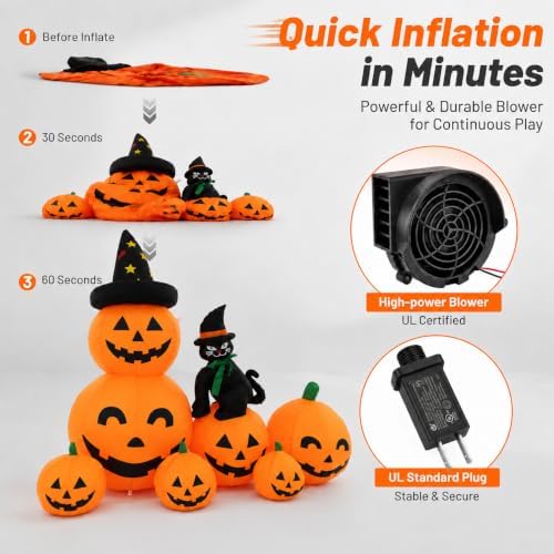 9FT Giant Halloween Inflatables Pumpkins with Witch Outdoor Decorations, Blow Ups 7 PCS Pumpkins with Build-in LED Lights, Funny Yard Garden Decoration for Halloween Party Indoor Outdoor