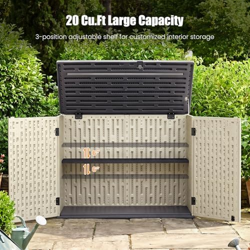 DREAMADE Horizontal Outdoor Storage Cabinet, 20 Cu.Ft Resin Shed, Beige