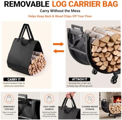 YQBRAO 32-Inch Firewood Rack, Rolling Firewood Cart with Log Carrier Bag
