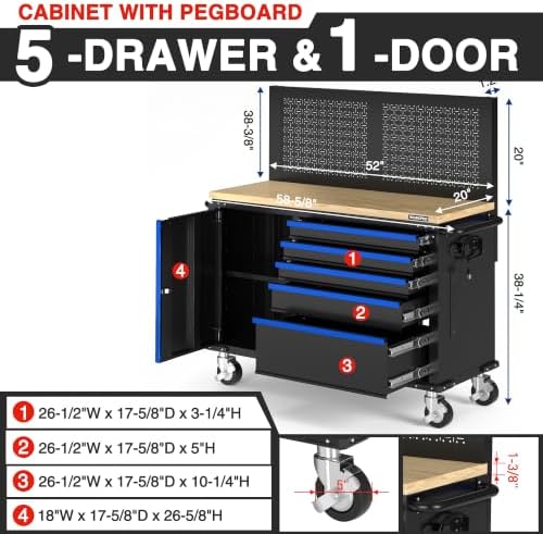 WORKPRO 52" x 20" Rolling Tool Chest with Pegboard, 5-Drawer & 1-Door