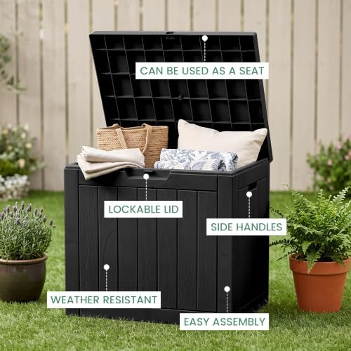 30 Gallon Outdoor Storage Box, Waterproof Resin Deck Box with Side Handles, Lockable Outdoor Bench for Indoor & Outdoor Use, Storage Bin for Patio Cushions, Garden Tools