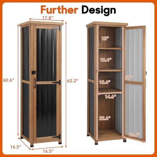 Outdoor Storage Cabinet, Wood & Metal Storage Shed with Weatherproof Roof, 3 Removable Shelves, Lockable Door, Adjustable Feet, Outside Storage Cabinet for Garage, Patio, Backyard