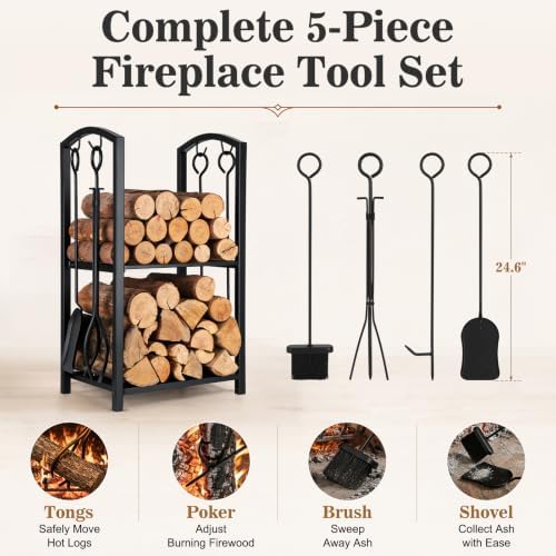 FEED GARDEN Firewood Rack Log Holder with 4-Piece Fireplace Tool Set, 29" H