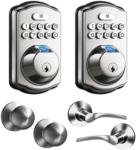Veise Fingerprint Door Lock with 2 Door Knobs and Veise Fingerprint Door Lock with 2 Door Levers - Satin Nickel