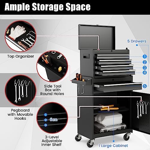 TANGZON Rolling Tool Chest Combo, Heavy Duty Lockable Tool Cabinet with Wheels, 5 Drawers, Adjustable Shelf, Hooks & Side Handle, 2-In-1 Detachable Tool Cart Trolley for Workshop Garage (Black)