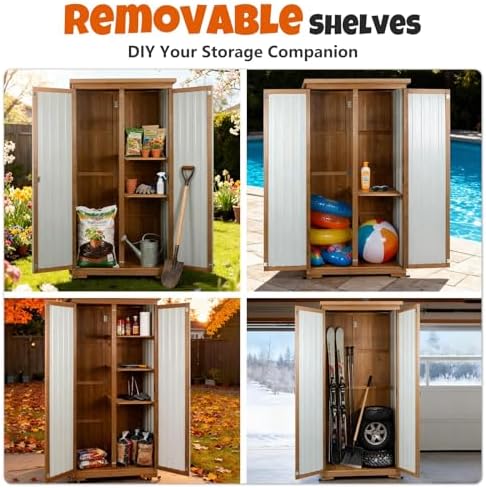 Outdoor Storage Cabinet with Shelves, Wood & Metal Storage Shed with Weatherproof Roof, Lockable Doors, Adjustable Feet, Outside Storage Cabinet for Garage, Patio (15.6" D x 32.3" W x 65.8" H)