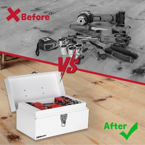 P.I.T. Metal Tool Box 12 Inch,Portable Small Toolbox with Latch,White