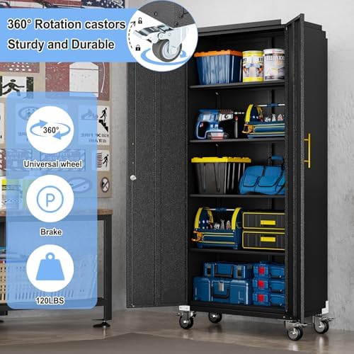 pozdeg 71" Black Tall Lockable Rolling Metal Garage Storage Cabinet ﻿