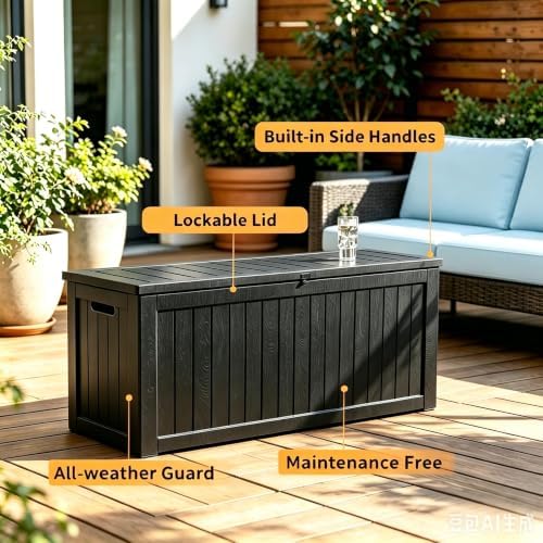 320 Gallon Outdoor Storage Box, Deck Boxes Outdoor Waterproof with Hydraulic Rod, UV-Resistant for All Weather Use, Lockable for Patio, Garden & Yard, Black