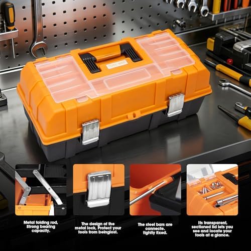 Torin 17-Inch Plastic Tool Box,3-Tiers Multi-Function Storage Portable Toolbox Organizer, Black/Orange ATRJH-3430T