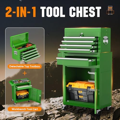 Oakcloud Heavy-Duty 5-Drawer Rolling Tool Chest & Cabinet Combo with Black Liner – Lockable Steel Garage Tool Box on Wheels – Detachable Top Toolbox & Bottom Storage Cart with Side Hooks, Green