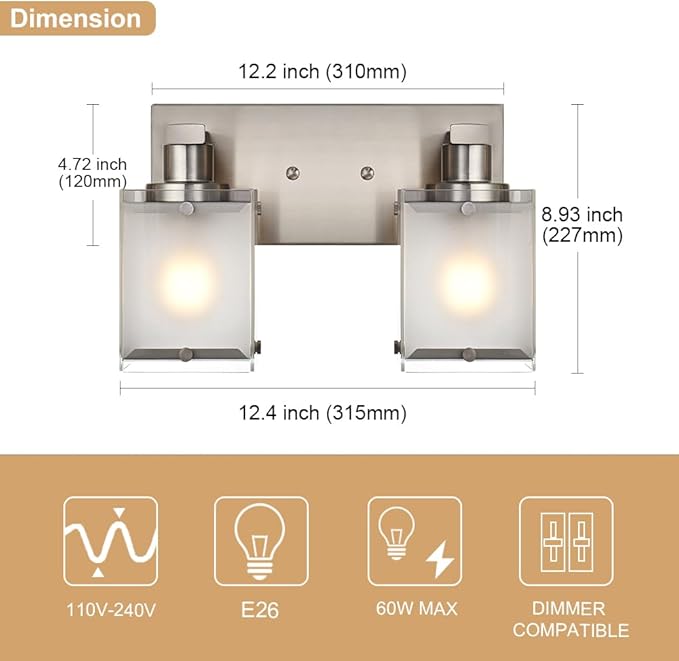 WINSHEN 2-Lights Wall Sconce Lighting, Brushed Nickel Bathroom Vanity Light