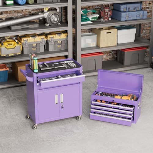 Pataku 8-Drawer Rolling Tool Chest with Wheels, 2-in-1 Detachable Tool Box Organizer, Lockable Mobile Tool Cart with Steel Cabinet & Side Rack for Garage, Workshop (Purple)
