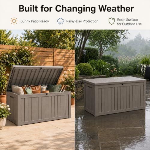 Outdoor Storage Box Resin Deck Box Waterproof Gray Brown 155 Gallon