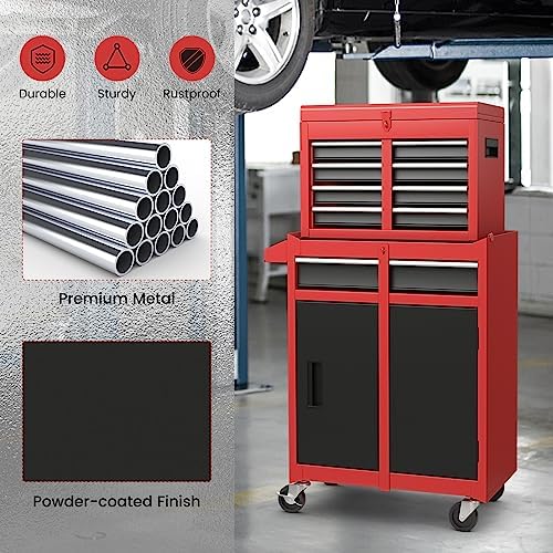 TANGZON Rolling Tool Chest Combo, Heavy Duty Lockable Tool Cabinet with Wheels, 5 Drawers, Adjustable Shelf, Hooks & Side Handle, 2-In-1 Detachable Tool Cart Trolley for Workshop Garage (Black+Red)