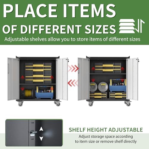 Garage Tool Storage Cabinet with Wheels & 2 Lockable Doors,Gray