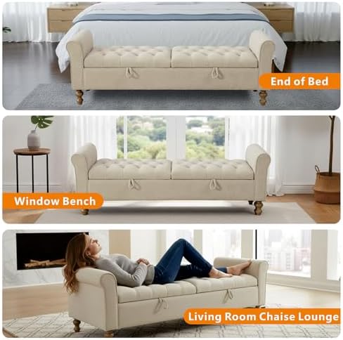 Storage Bench for Bedroom, 65.2'' Tufted End of Bed King Size Upholstered Extra-Long Bench with Dual Flip-Top Lids for Entryway, Hallway, Cloakroom, Window, Griege.